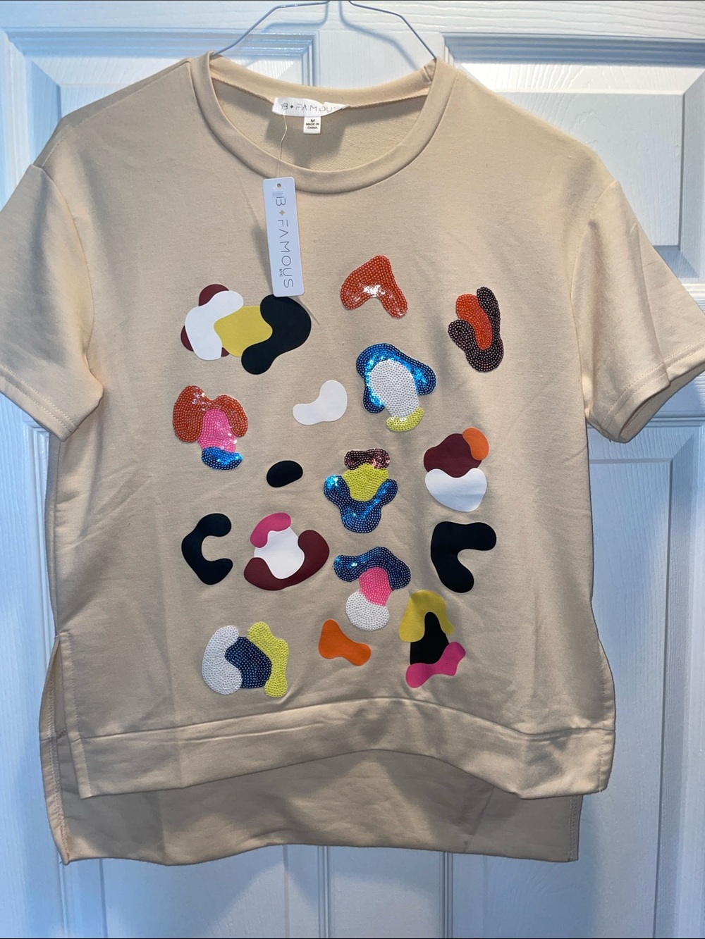 Beige Short Sleeve Tee with Colorful Sequin Appliqués